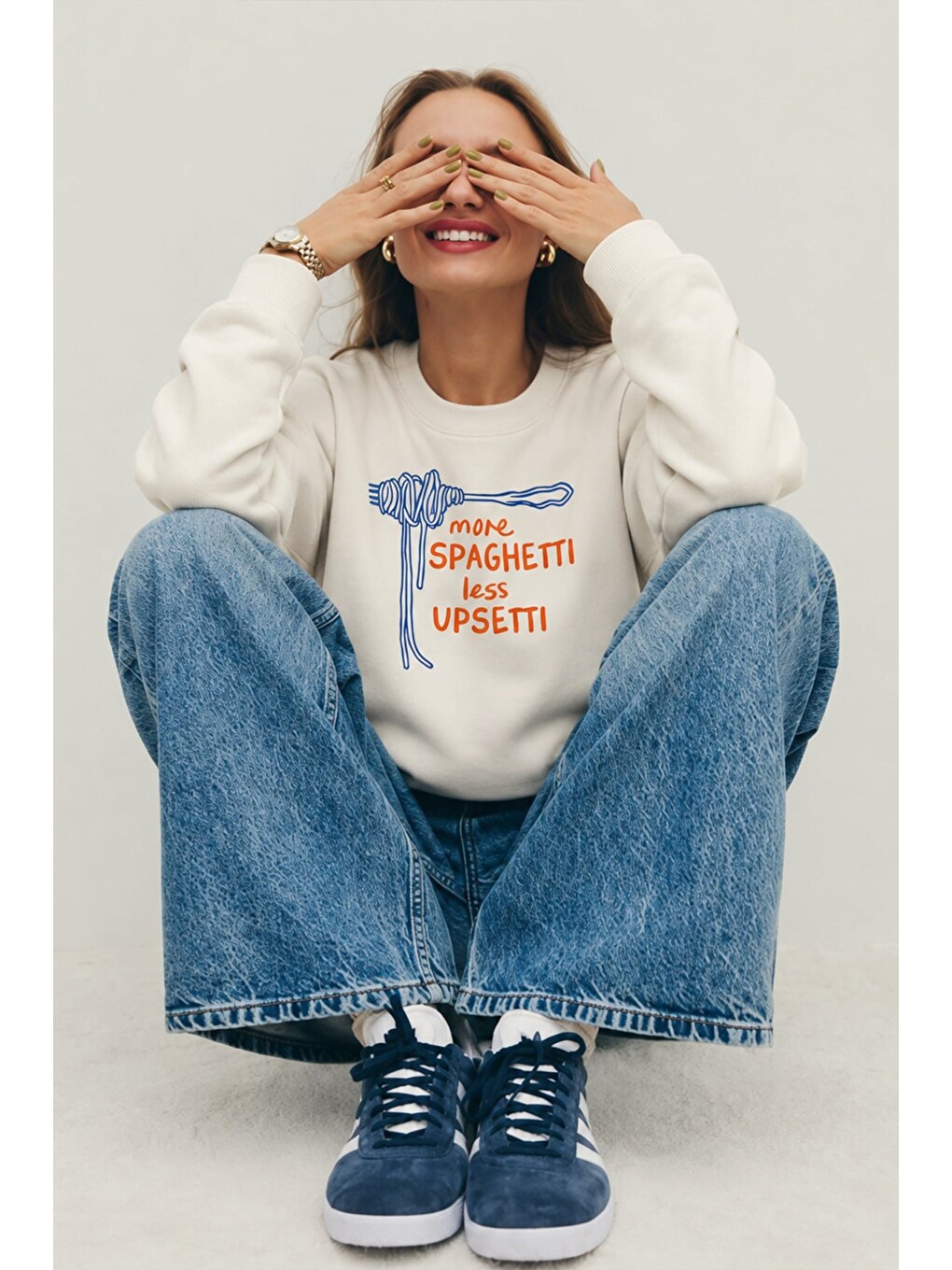 Ekru Kadın Premium Kumaş 3 İplik Şardonlu Spagetti Baskılı Sweatshirt