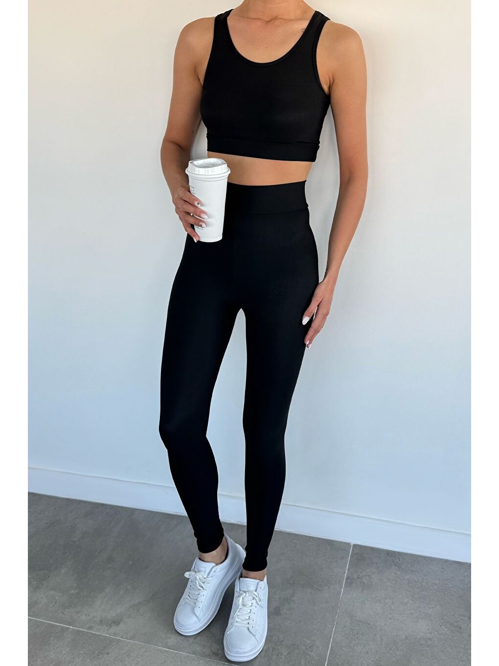 Siyah Kadın Dalgıç Kumaş Sporcu Tayt Crop İkili Takım-1