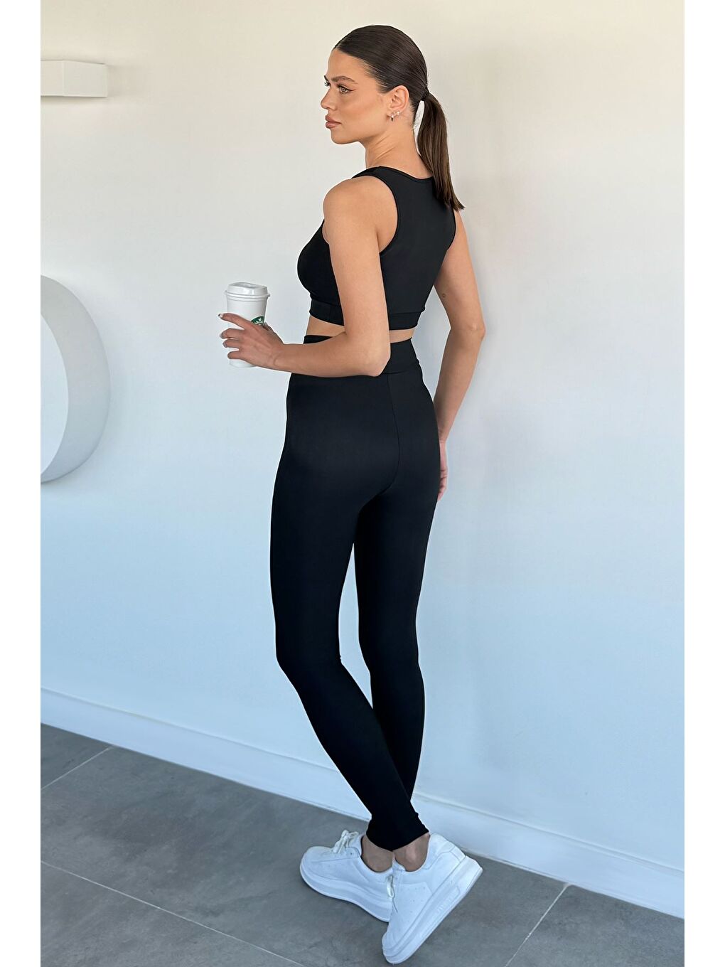 Siyah Kadın Dalgıç Kumaş Sporcu Tayt Crop İkili Takım-3