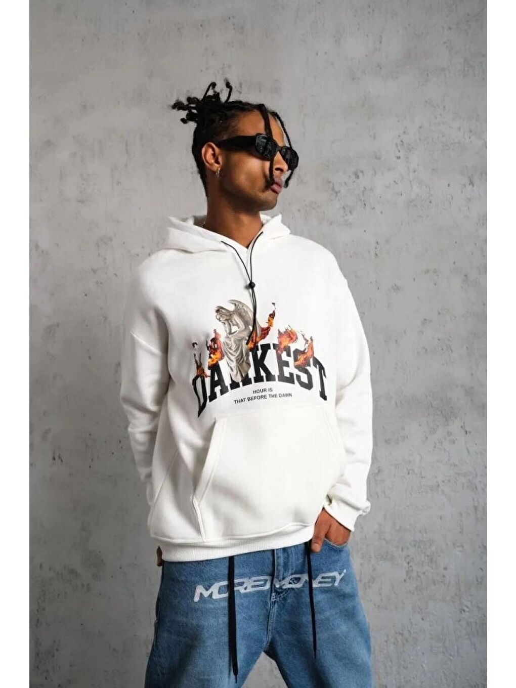 Erkek Oversize Kapüşonlu Sweatshirt – Beyaz Renk Üç İplik İçi Pamuklu Kanguru Cepli Baskılı Hoodie R-2