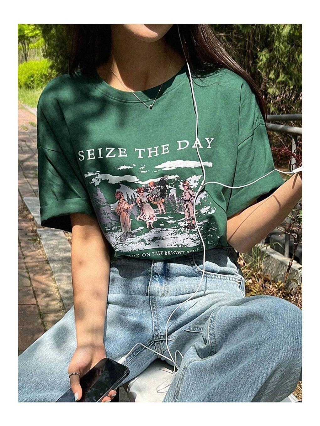 Trendseninle Yeşil Kadın Nefti Yeşili Seize The Day Baskılı Oversize Tişört