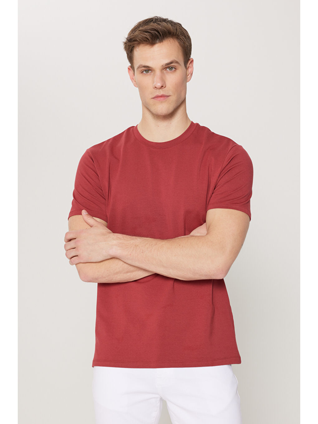 Erkek Bordo Standart Fit Normal Kesim Bisiklet Yaka Pamuklu Tişört-2