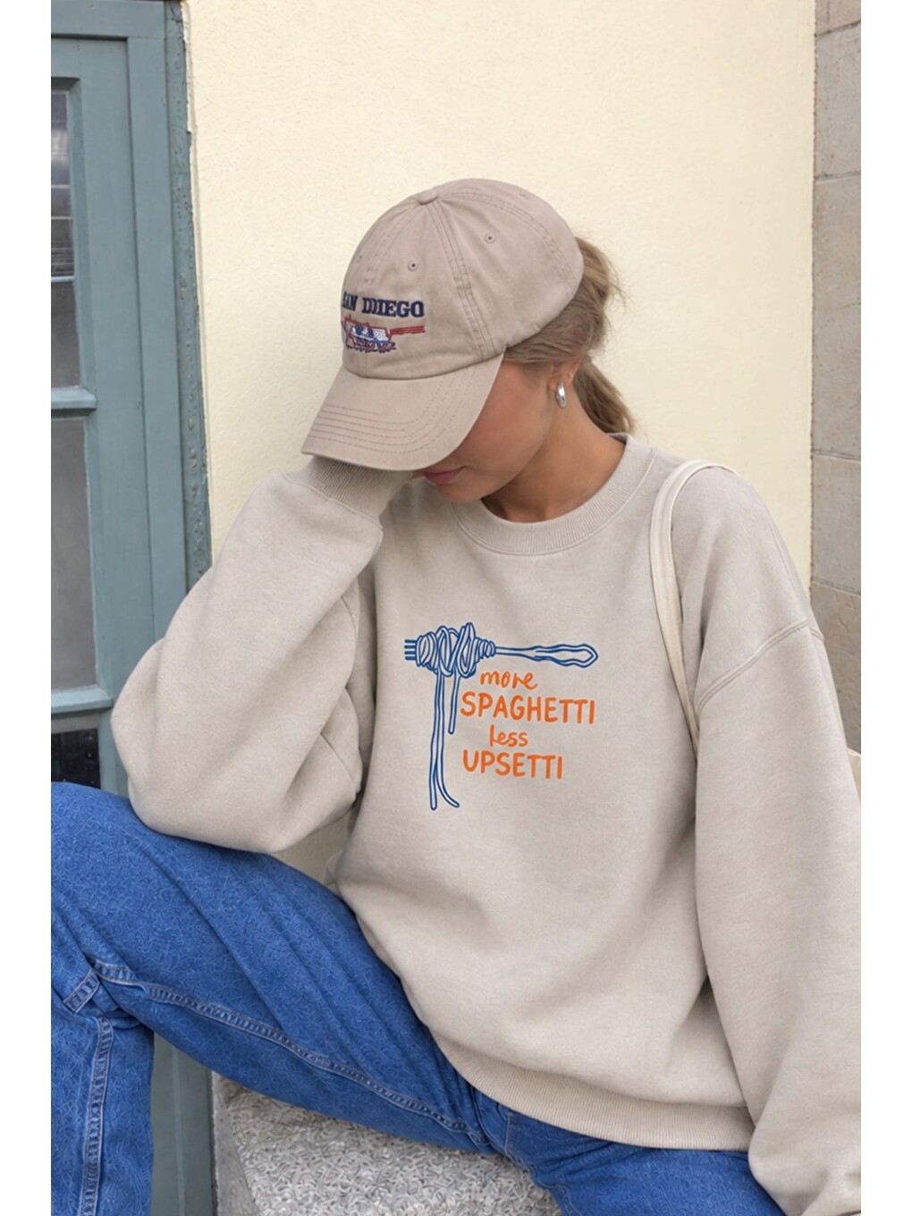 Bej Kadın Premium Kumaş 3 İplik Şardonlu Spagetti Baskılı Sweatshirt