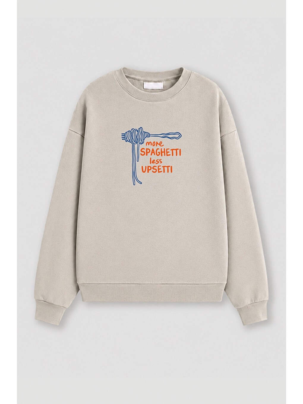 Bej Kadın Premium Kumaş 3 İplik Şardonlu Spagetti Baskılı Sweatshirt-1