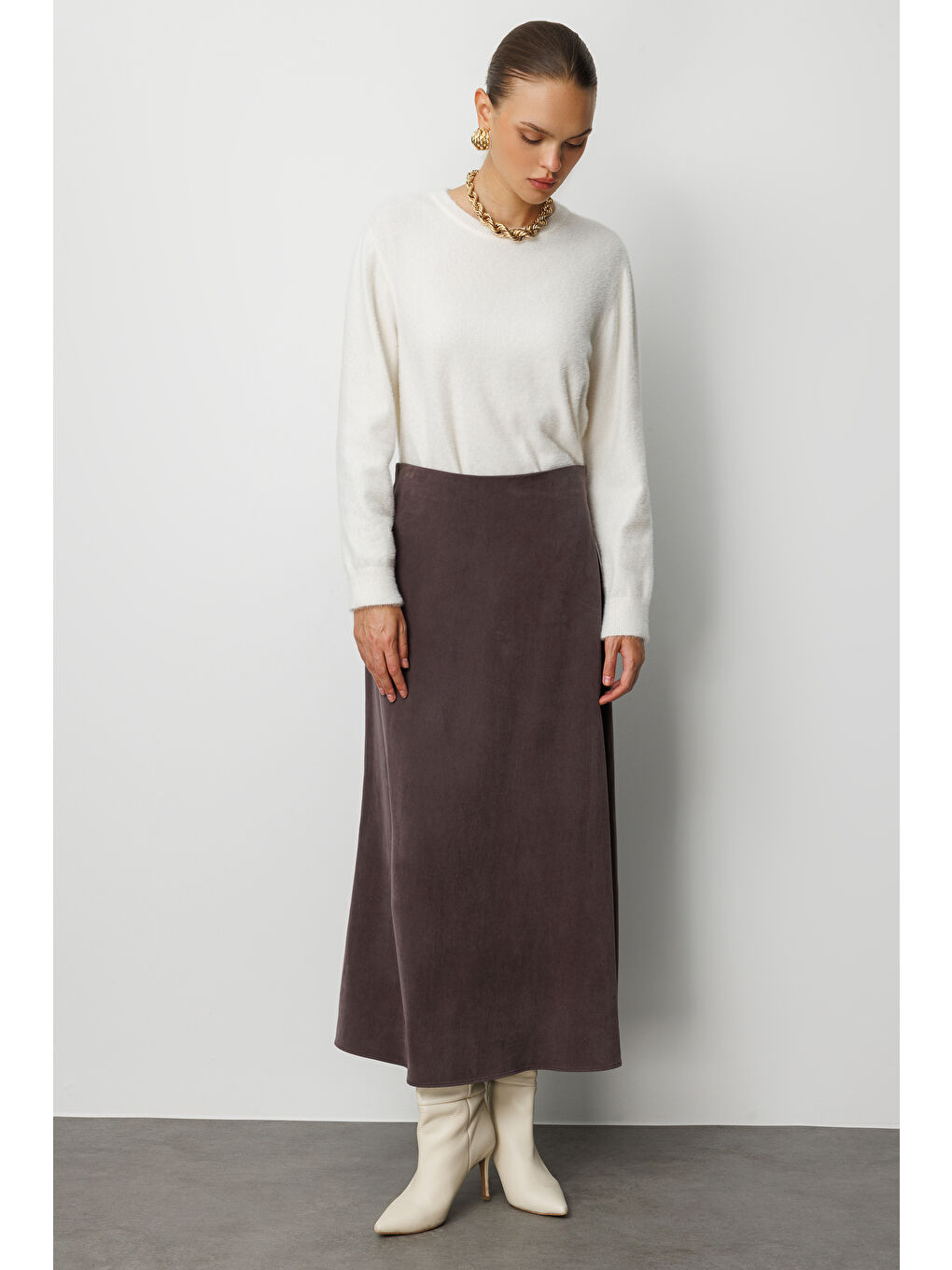 A Kesim Cupro Kahverengi Maksi Etek-1