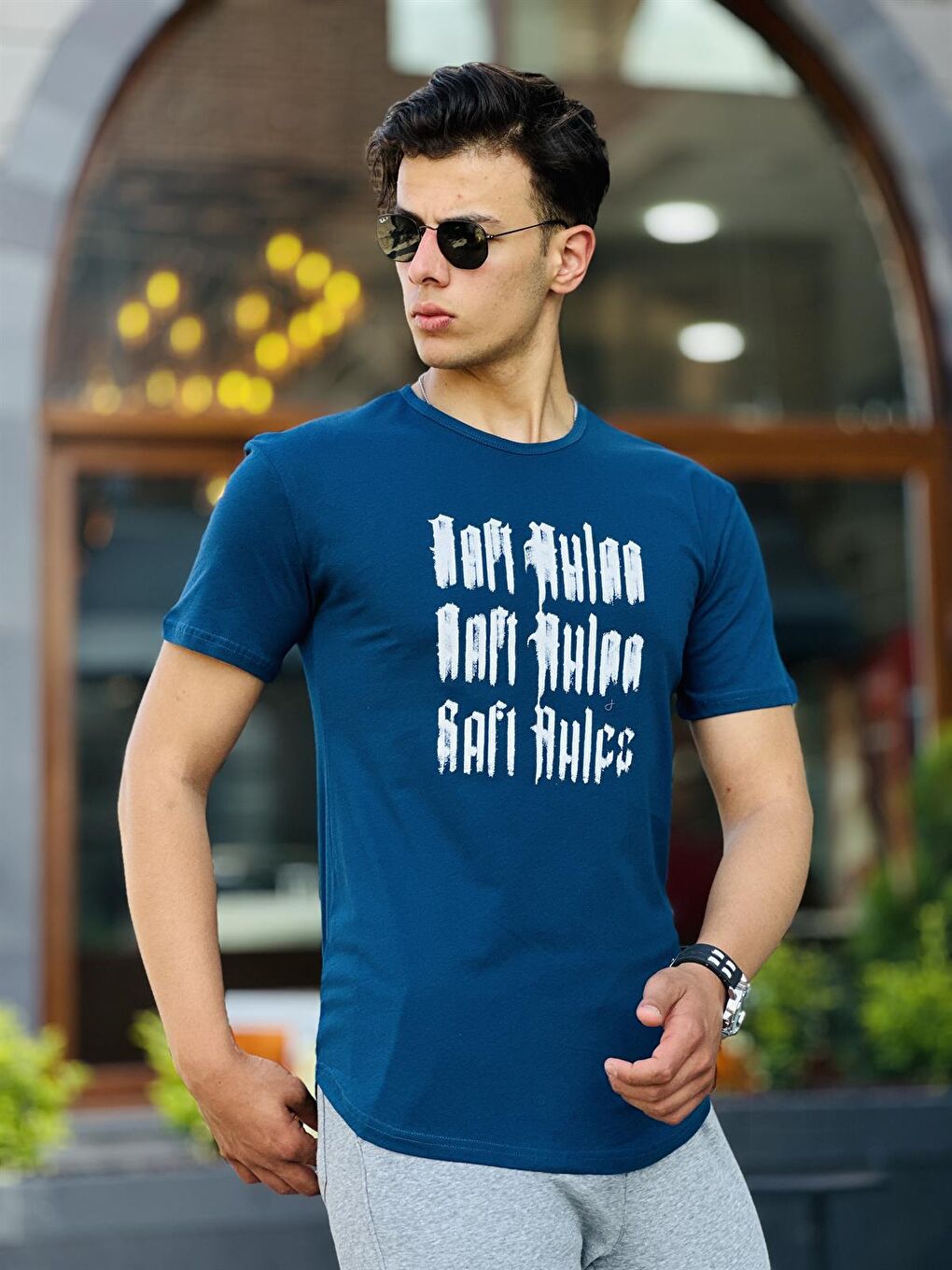 Eskitme Baskılı Oval Basic Kısa Kollu Tişört-İndigo-  2301