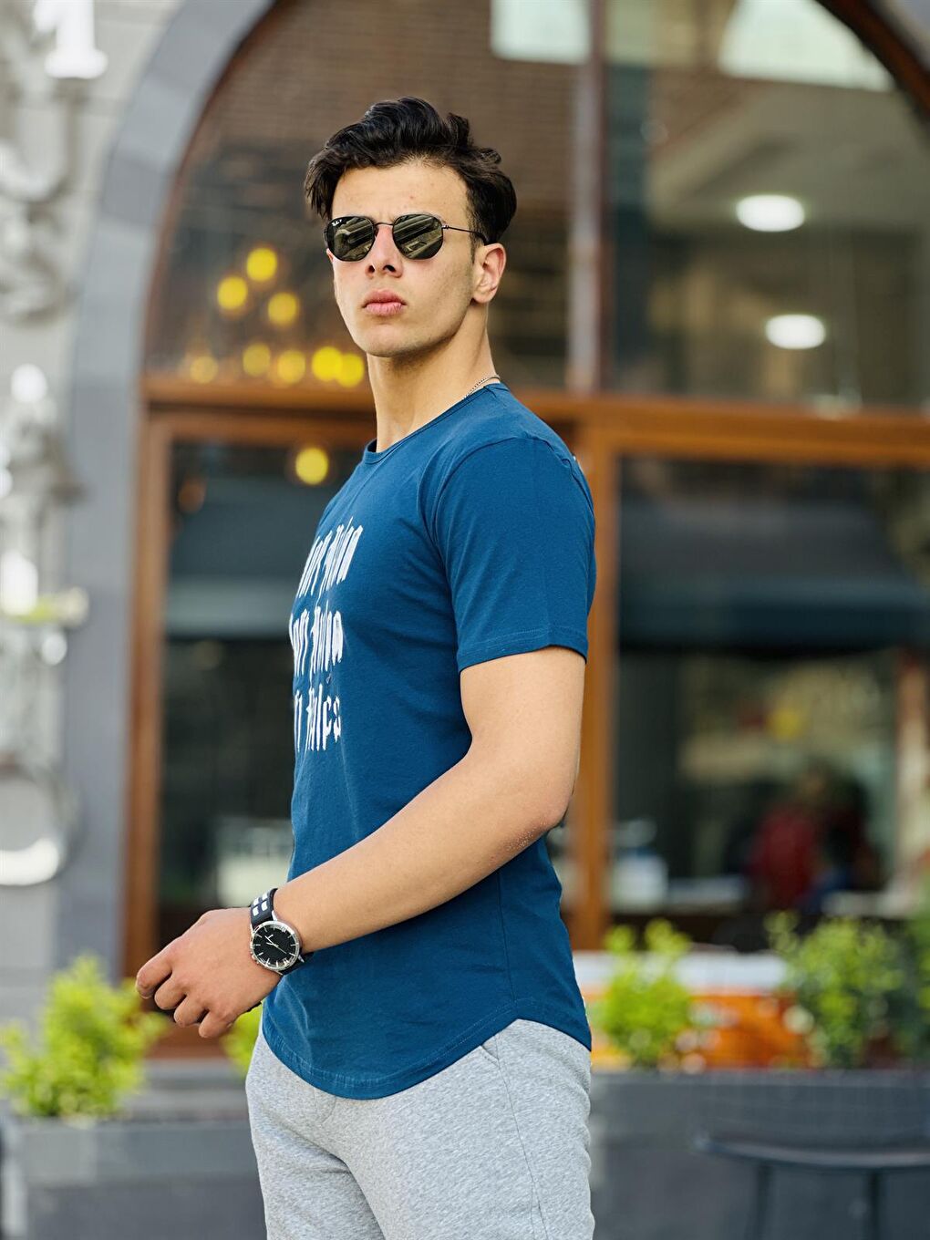 Eskitme Baskılı Oval Basic Kısa Kollu Tişört-İndigo-  2301-1