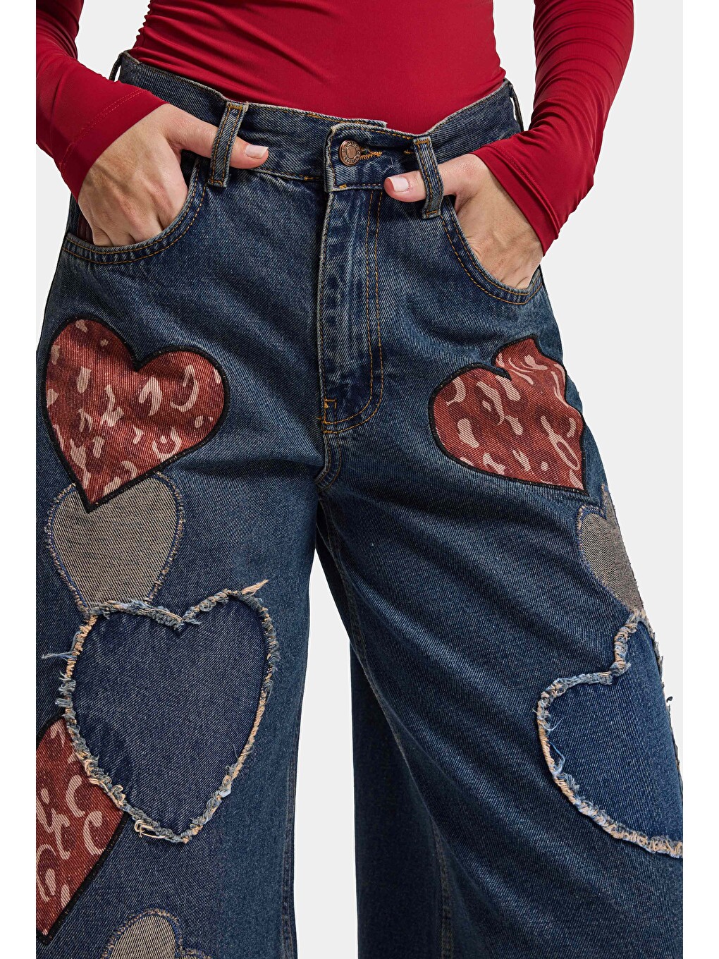 Yeşil Kadın Koyu Tint 1w6-8 Palazzo Fit Özel Nakış Desenli Tasarım Denim Jean-1