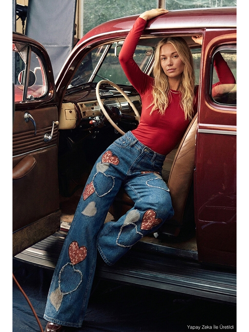 Yeşil Kadın Koyu Tint 1w6-8 Palazzo Fit Özel Nakış Desenli Tasarım Denim Jean-2