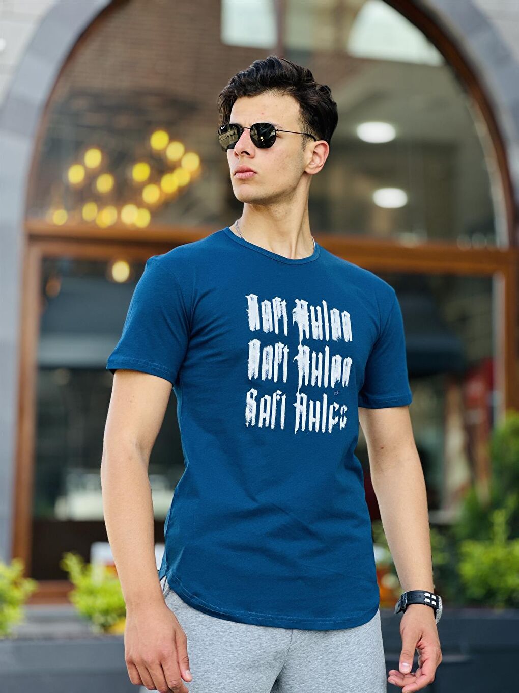 Eskitme Baskılı Oval Basic Kısa Kollu Tişört-İndigo-  2301-2