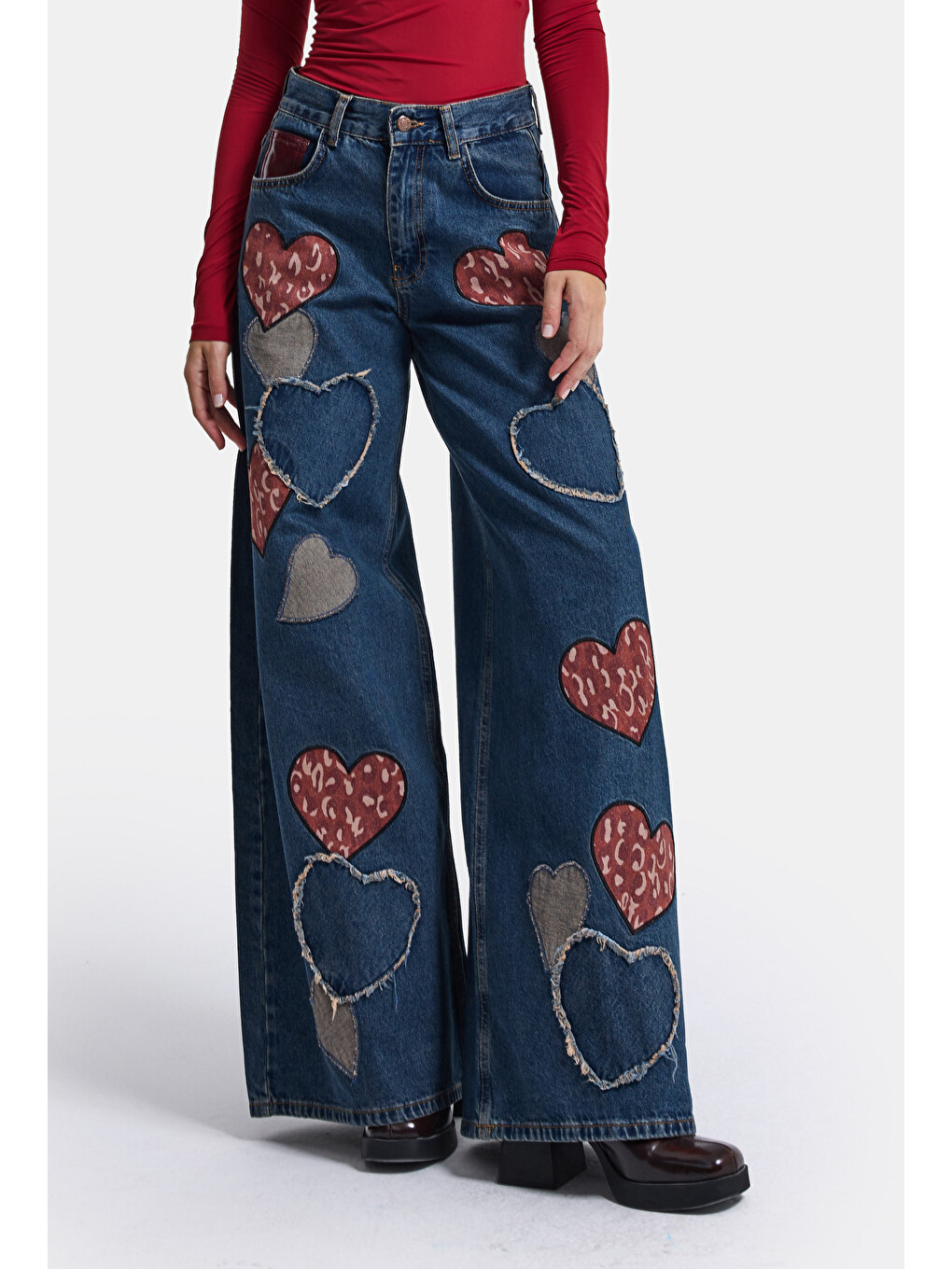 Yeşil Kadın Koyu Tint 1w6-8 Palazzo Fit Özel Nakış Desenli Tasarım Denim Jean-3