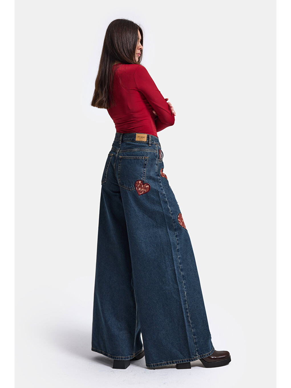 Yeşil Kadın Koyu Tint 1w6-8 Palazzo Fit Özel Nakış Desenli Tasarım Denim Jean-4