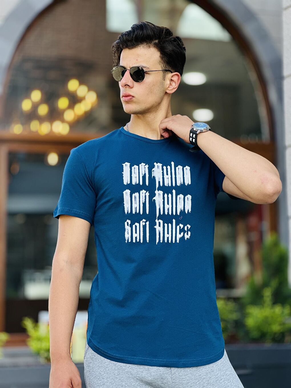 Eskitme Baskılı Oval Basic Kısa Kollu Tişört-İndigo-  2301-3