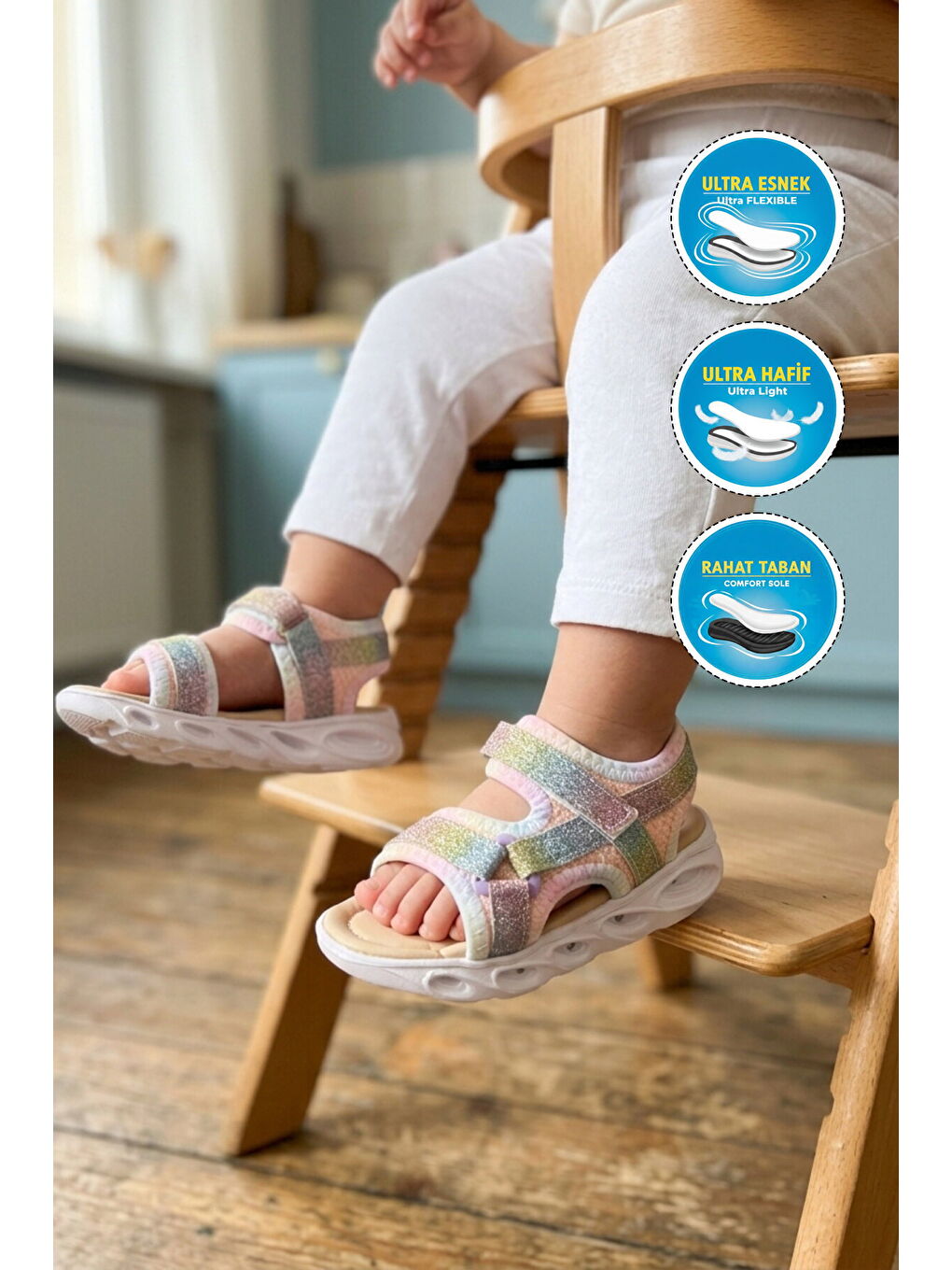 Beyaz Renkli Cırtlı Işıklı Bebek Sandalet Pamela B-2