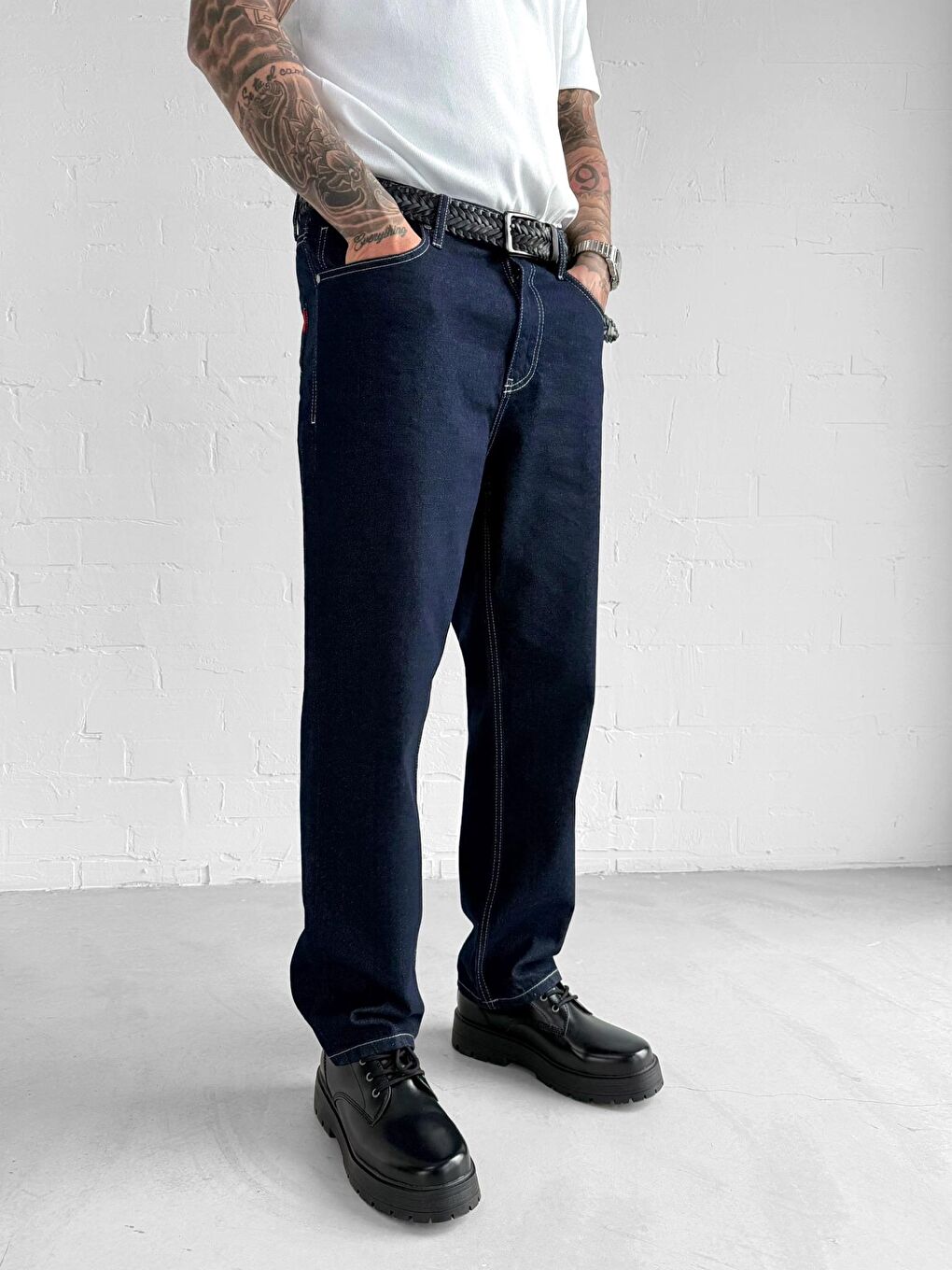 Erkek Kontrast Dikişli Baggy Fit Jean Pantolon Lacivert