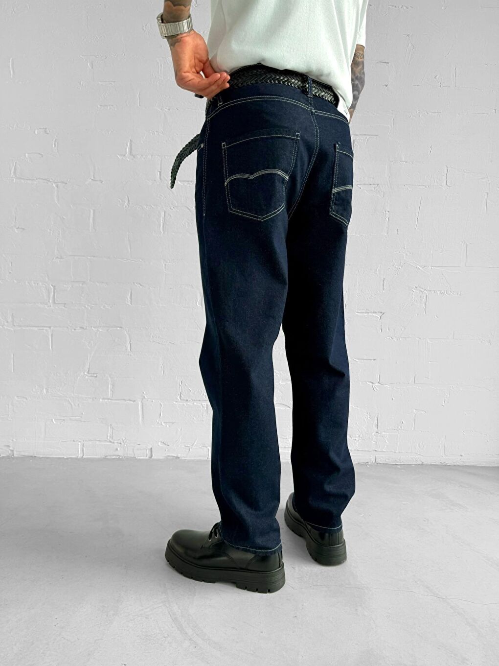 Erkek Kontrast Dikişli Baggy Fit Jean Pantolon Lacivert-1