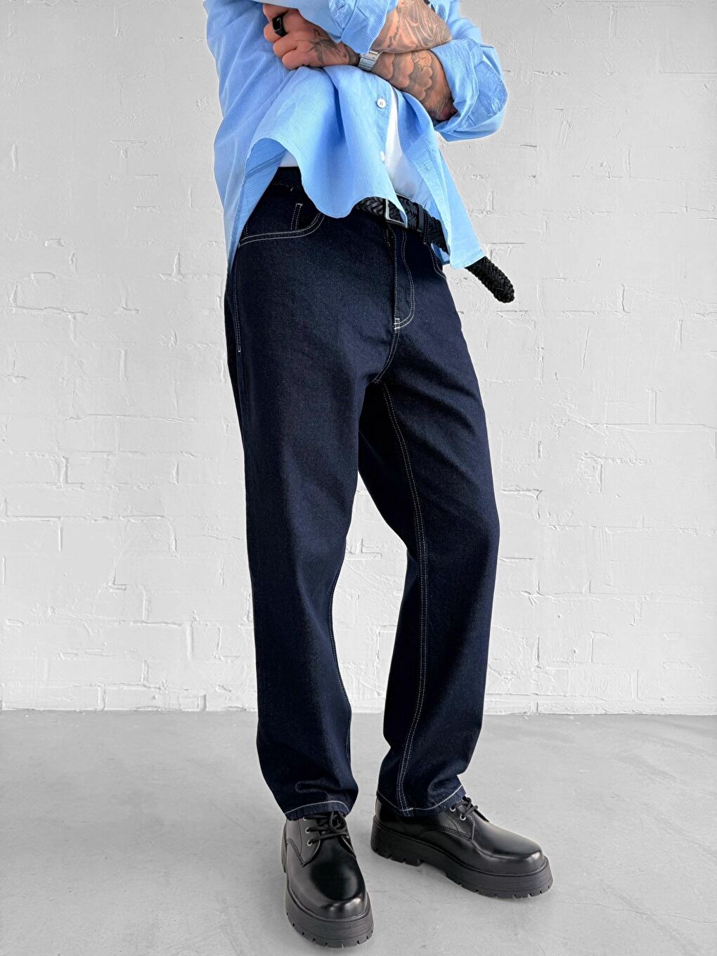 Erkek Kontrast Dikişli Baggy Fit Jean Pantolon Lacivert-2