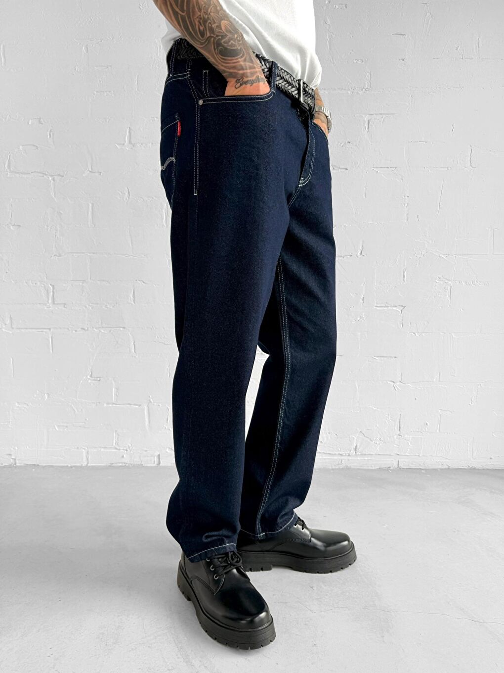 Erkek Kontrast Dikişli Baggy Fit Jean Pantolon Lacivert-3