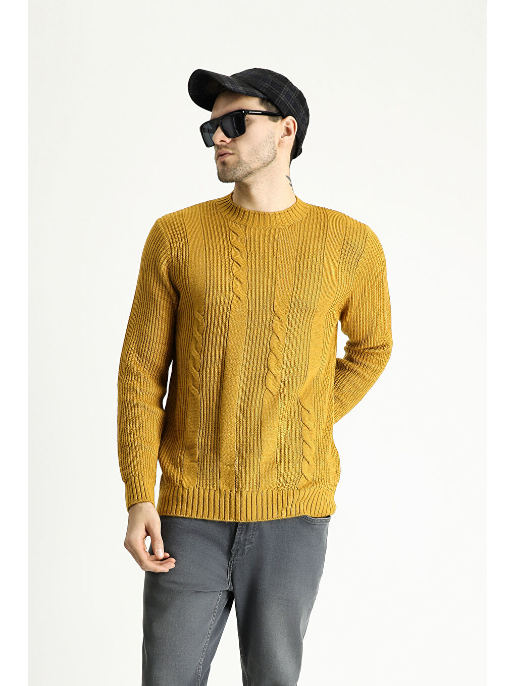 Sarı Bisiklet Yaka Slim Fit Dar Kesim Desenli Triko Büyük Beden Kazak