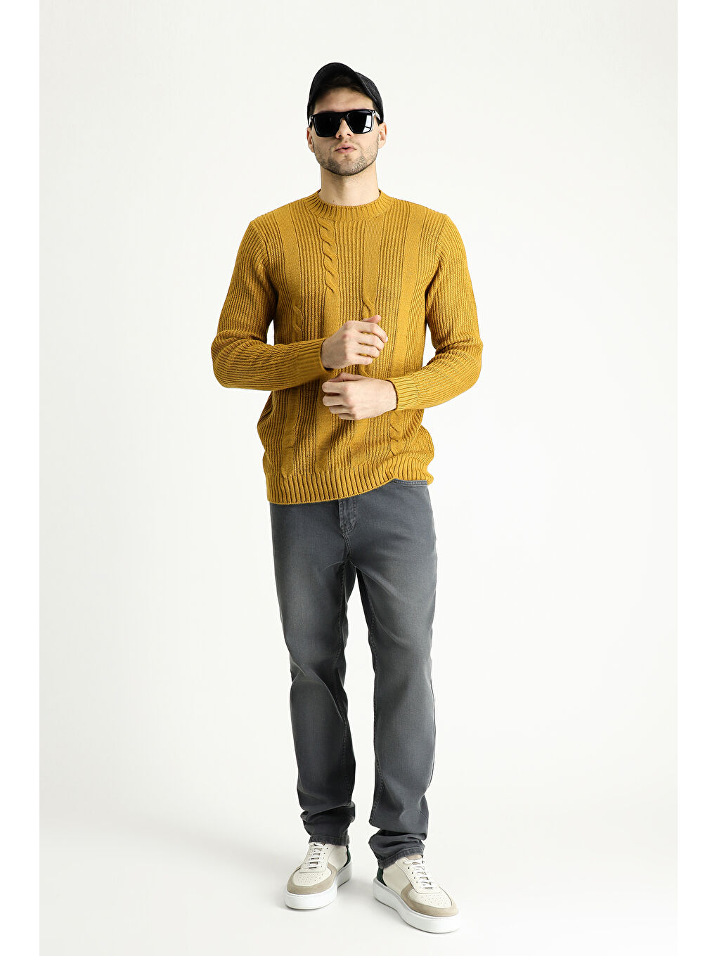 Sarı Bisiklet Yaka Slim Fit Dar Kesim Desenli Triko Büyük Beden Kazak-1