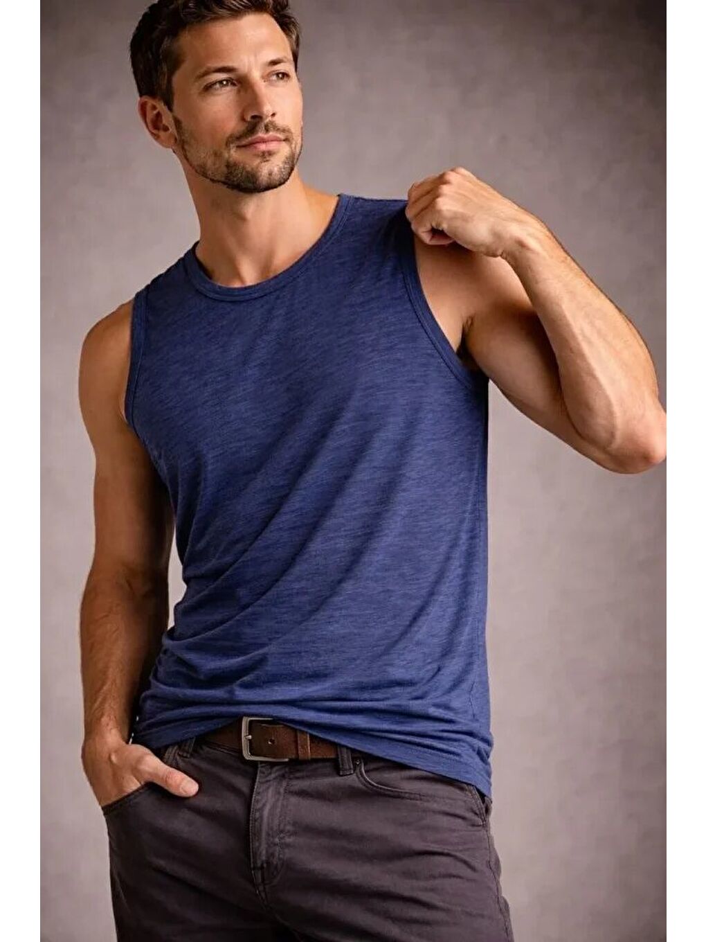 İndigo Erkek Flamlı Kumaş Sıfır Kolsuz Atlet