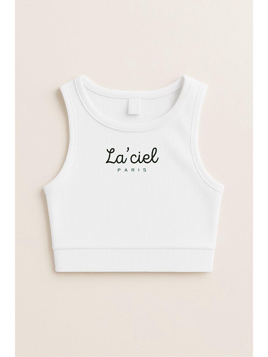 Beyaz Kız Çocuk Pamuklu La'ciel Yazılı Ribana Atlet Crop Top - Yazlık Basic Tasarım