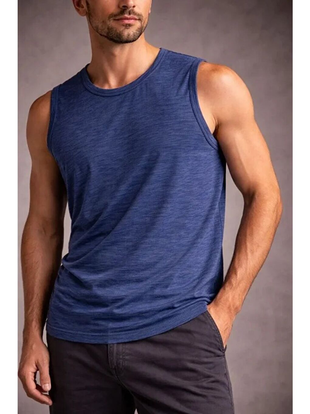 İndigo Erkek Flamlı Kumaş Sıfır Kolsuz Atlet-2