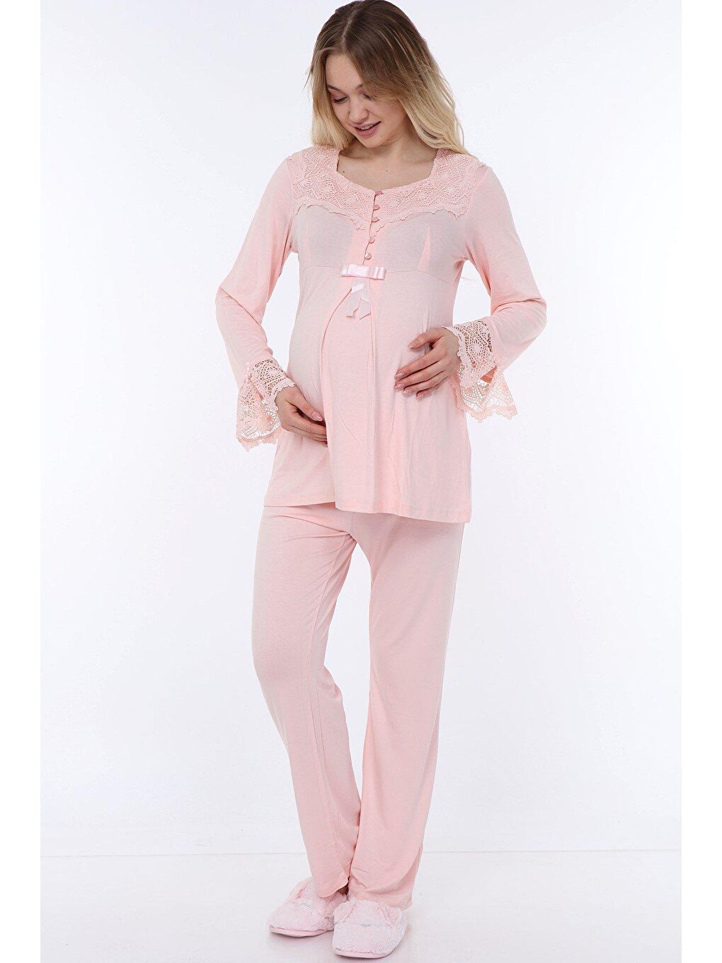 Luvmabelly Pembe Kadın Dantelli Düğmeli Hamile Pijama Takımı - 1