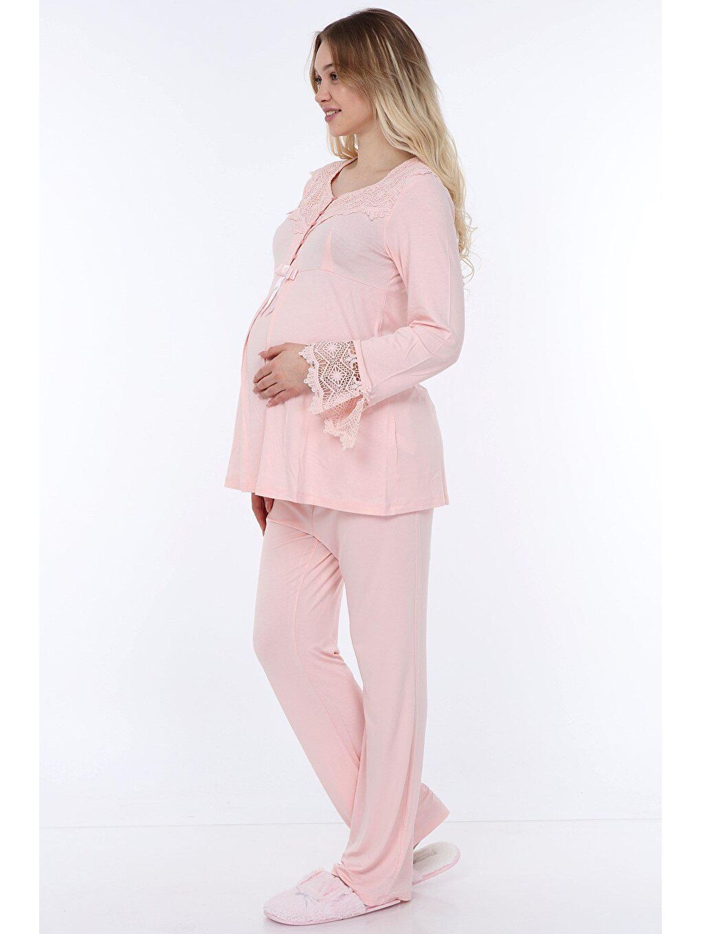 Luvmabelly Pembe Kadın Dantelli Düğmeli Hamile Pijama Takımı - 2