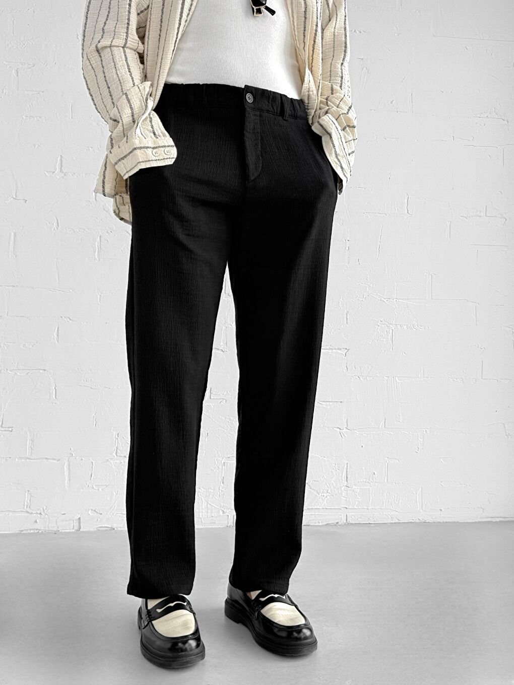 Gofre Kumaş Regular Fit Erkek Pantolon Siyah-1