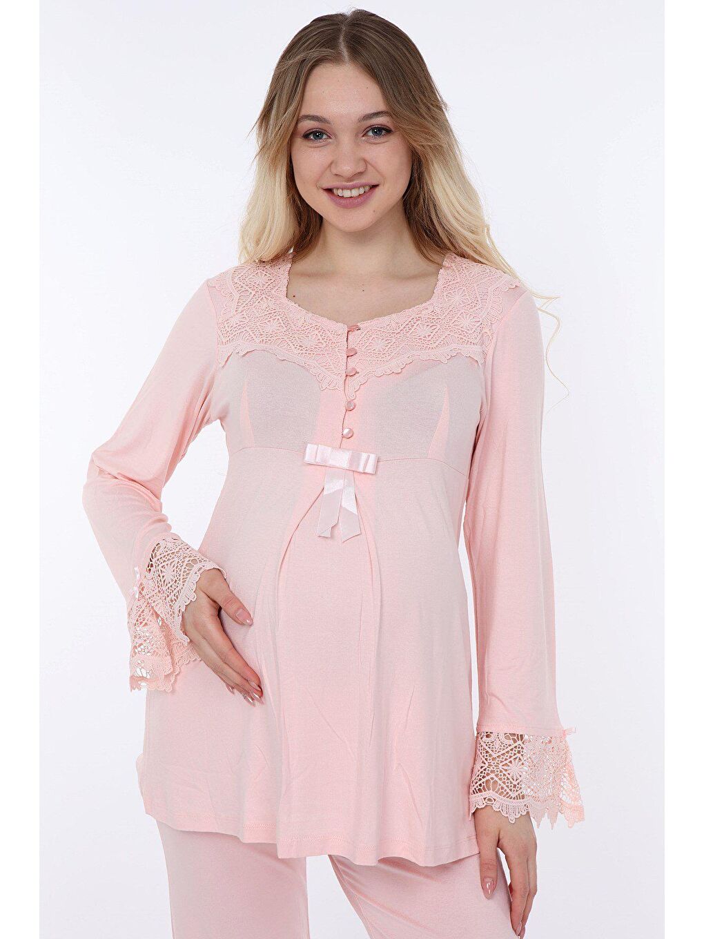 Luvmabelly Pembe Kadın Dantelli Düğmeli Hamile Pijama Takımı - 3