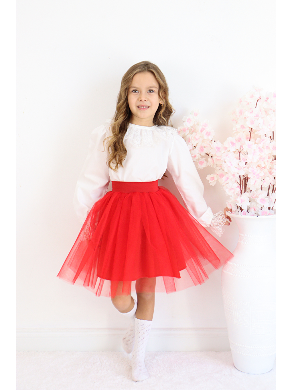 Kız Çocuk Kırmızı Tüllü Tütü Etek 23 Nisan 29 Ekim 10 Kasım Gösteri Kıyafeti Kostüm-2