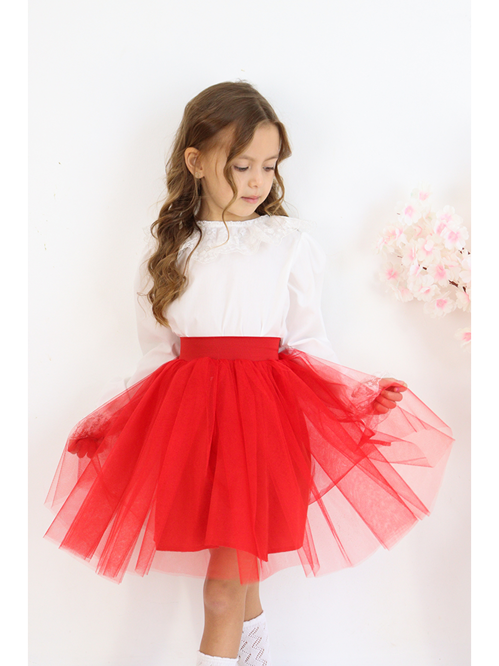 Kız Çocuk Kırmızı Tüllü Tütü Etek 23 Nisan 29 Ekim 10 Kasım Gösteri Kıyafeti Kostüm-3
