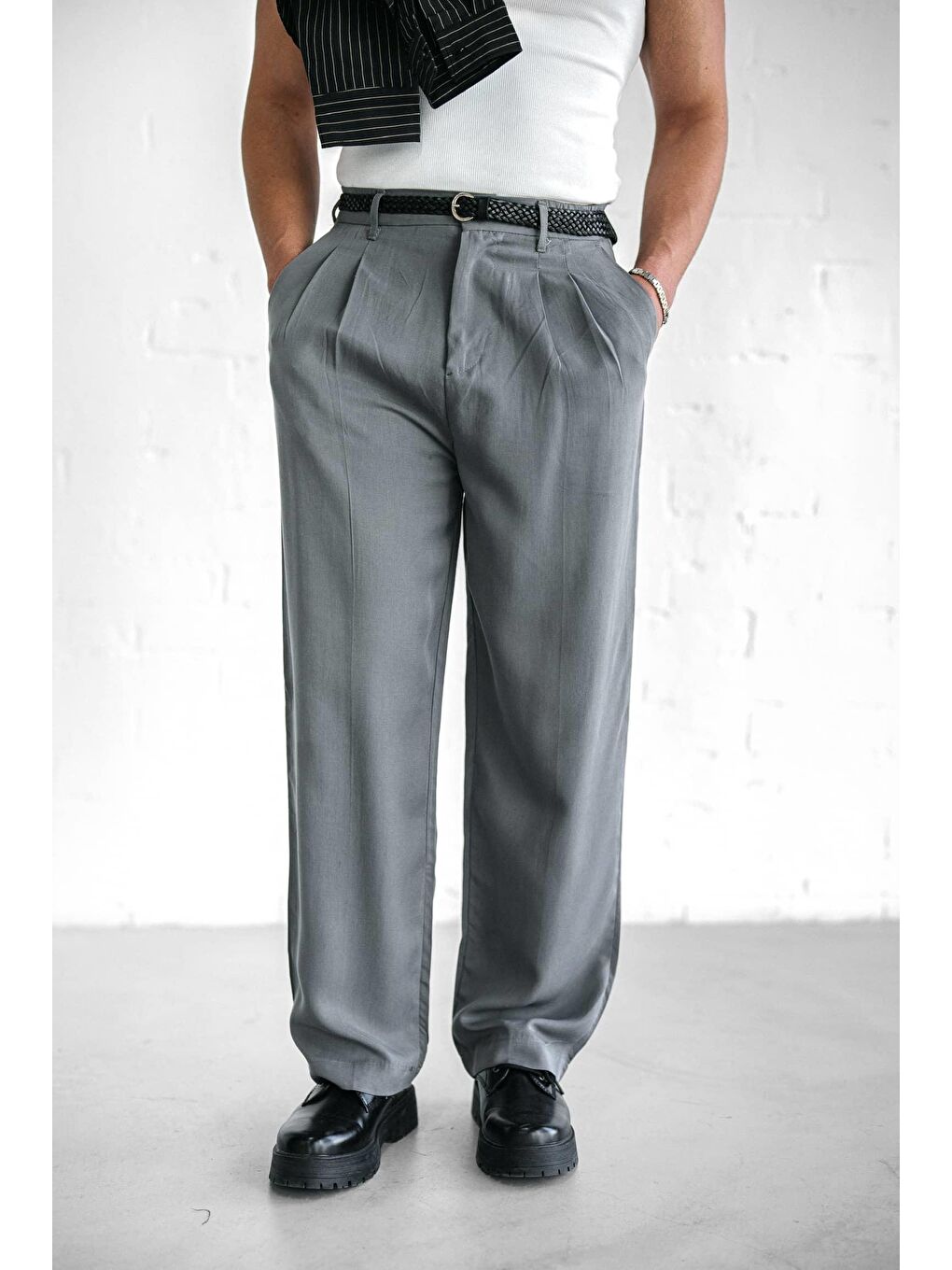 Baggy Fit Beli Lastikli Erkek Pantolon Gri