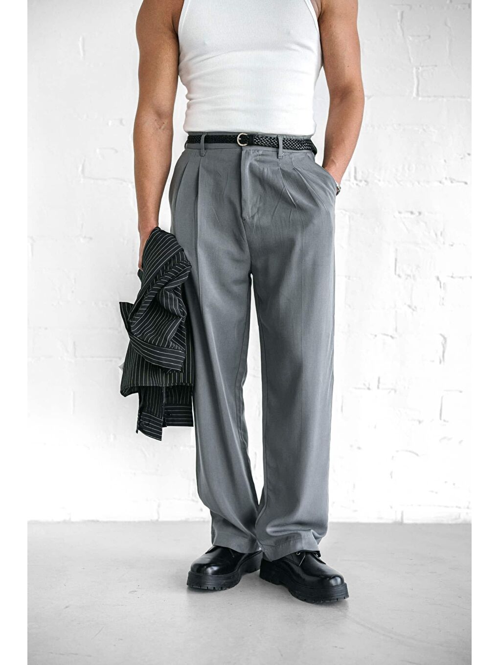 Baggy Fit Beli Lastikli Erkek Pantolon Gri-1