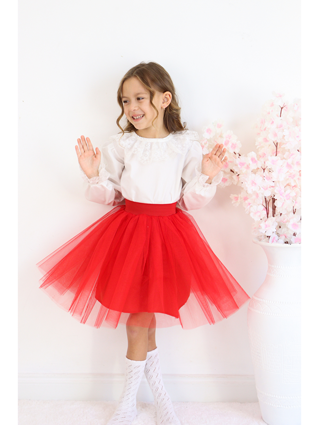 Kız Çocuk Kırmızı Tüllü Tütü Etek 23 Nisan 29 Ekim 10 Kasım Gösteri Kıyafeti Kostüm-4