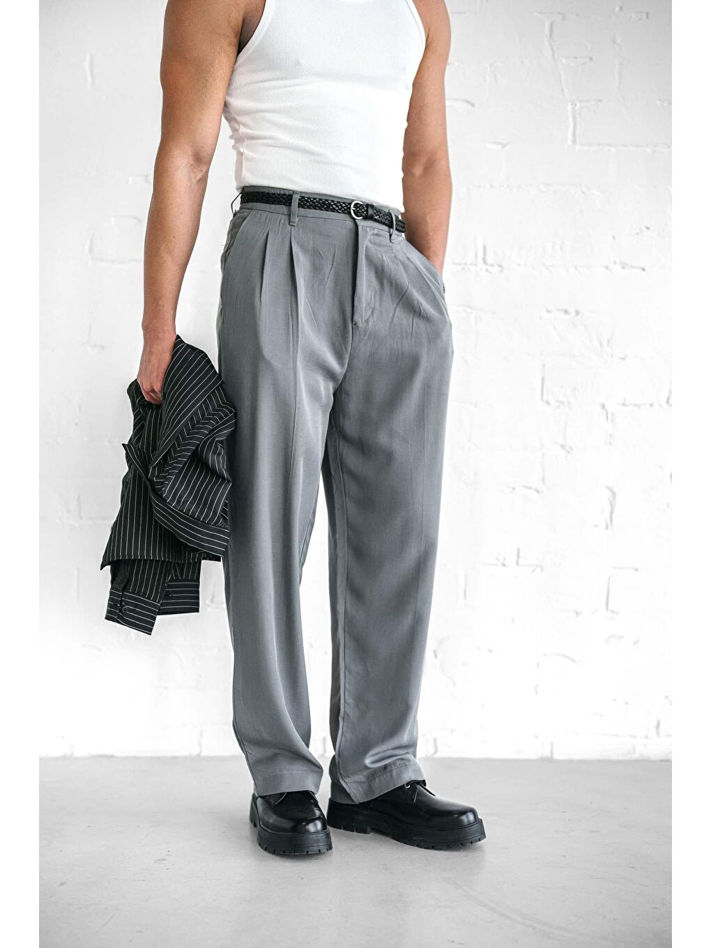 Baggy Fit Beli Lastikli Erkek Pantolon Gri-2