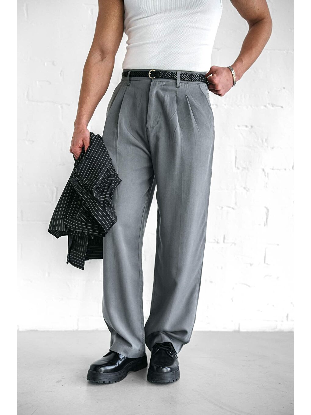 Baggy Fit Beli Lastikli Erkek Pantolon Gri-3