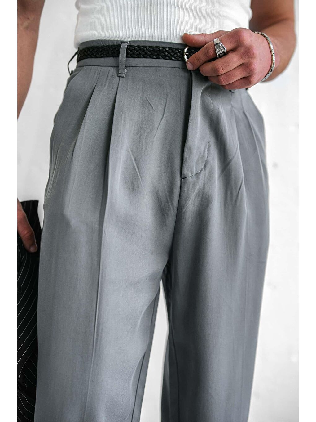 Baggy Fit Beli Lastikli Erkek Pantolon Gri-4