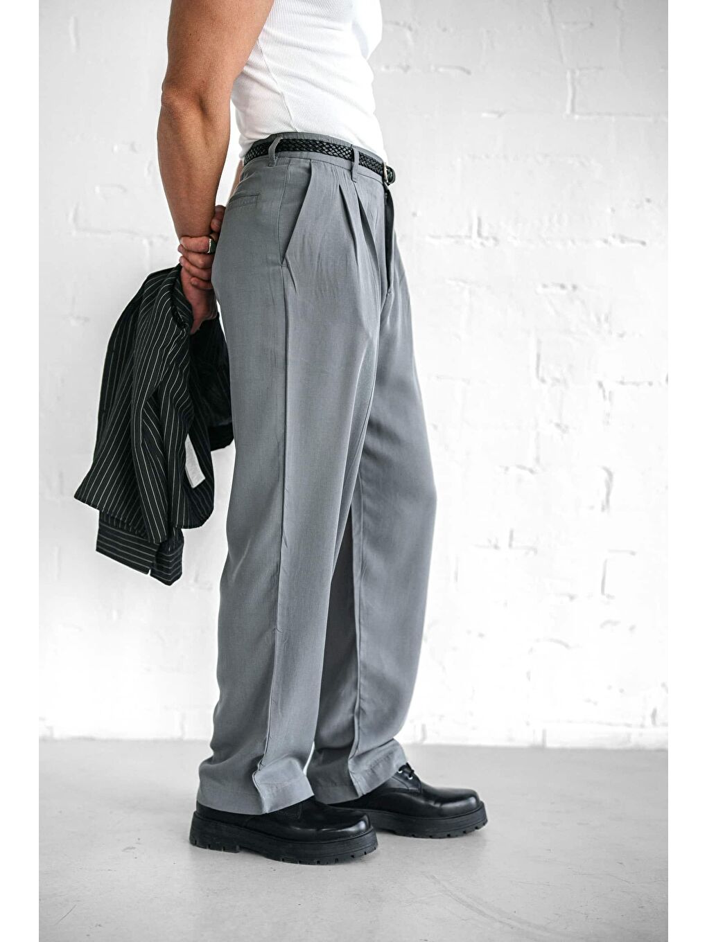 Baggy Fit Beli Lastikli Erkek Pantolon Gri-5