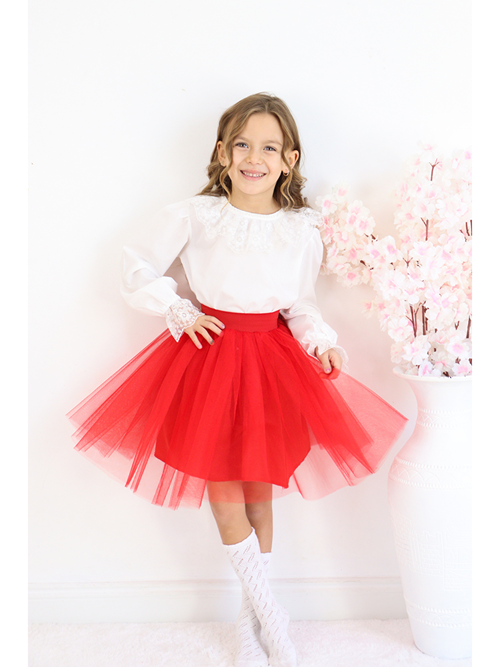 Kız Çocuk Kırmızı Tüllü Tütü Etek 23 Nisan 29 Ekim 10 Kasım Gösteri Kıyafeti Kostüm-6
