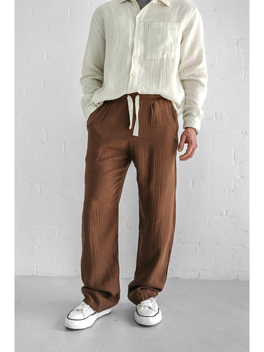 Kahverengi Rahat Kesim Baggy Fit Erkek %100 Pamuk Pantolon Kahve-1