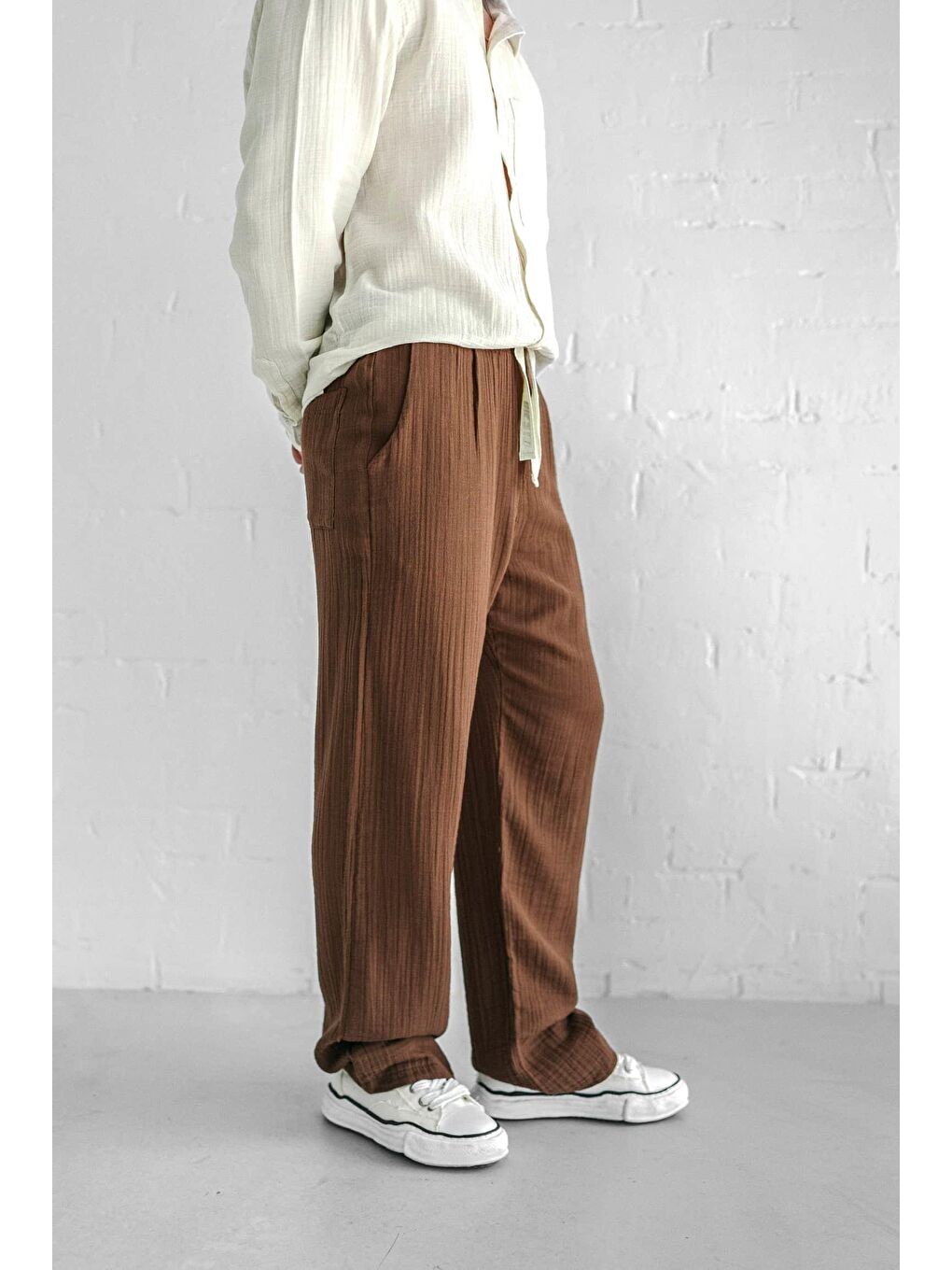 Kahverengi Rahat Kesim Baggy Fit Erkek %100 Pamuk Pantolon Kahve-3