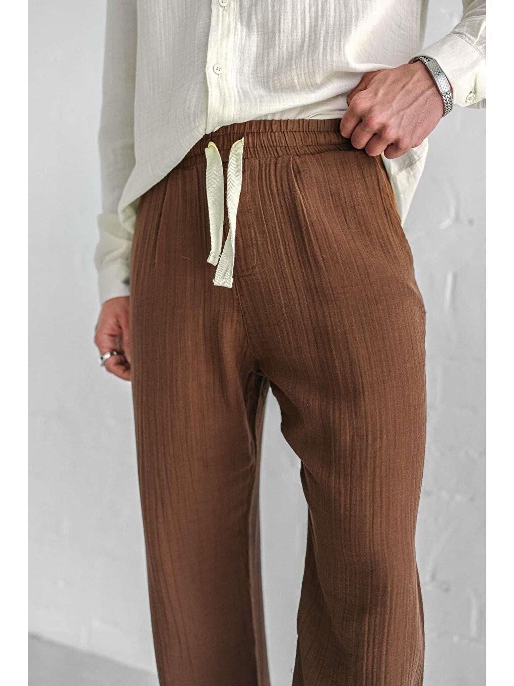 Kahverengi Rahat Kesim Baggy Fit Erkek %100 Pamuk Pantolon Kahve-4