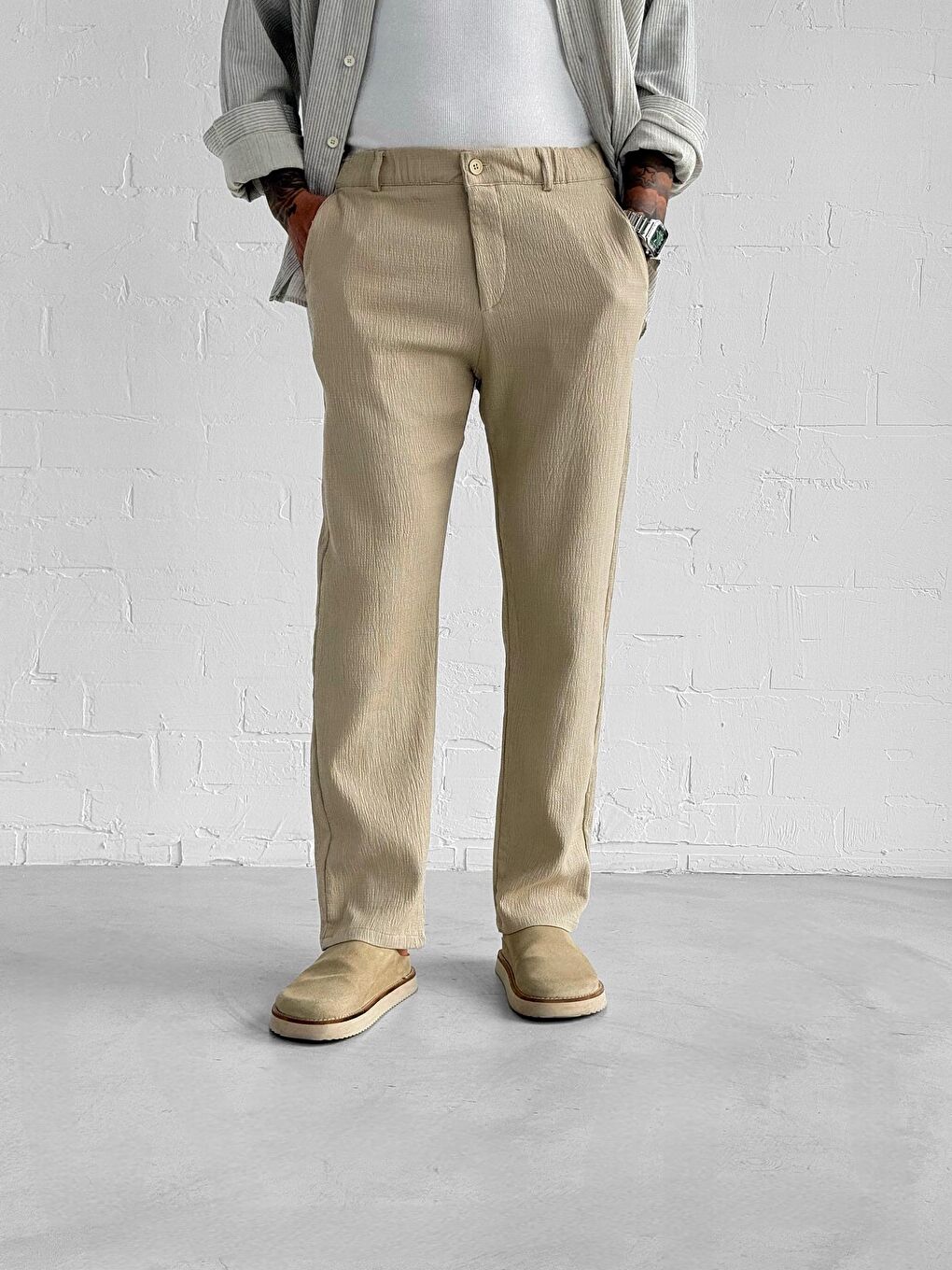 Gofre Kumaş Regular Fit Erkek Pantolon Bej-1