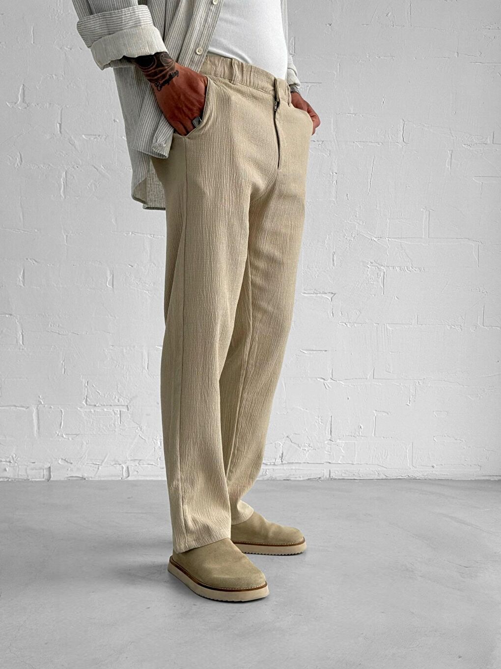 Gofre Kumaş Regular Fit Erkek Pantolon Bej-2
