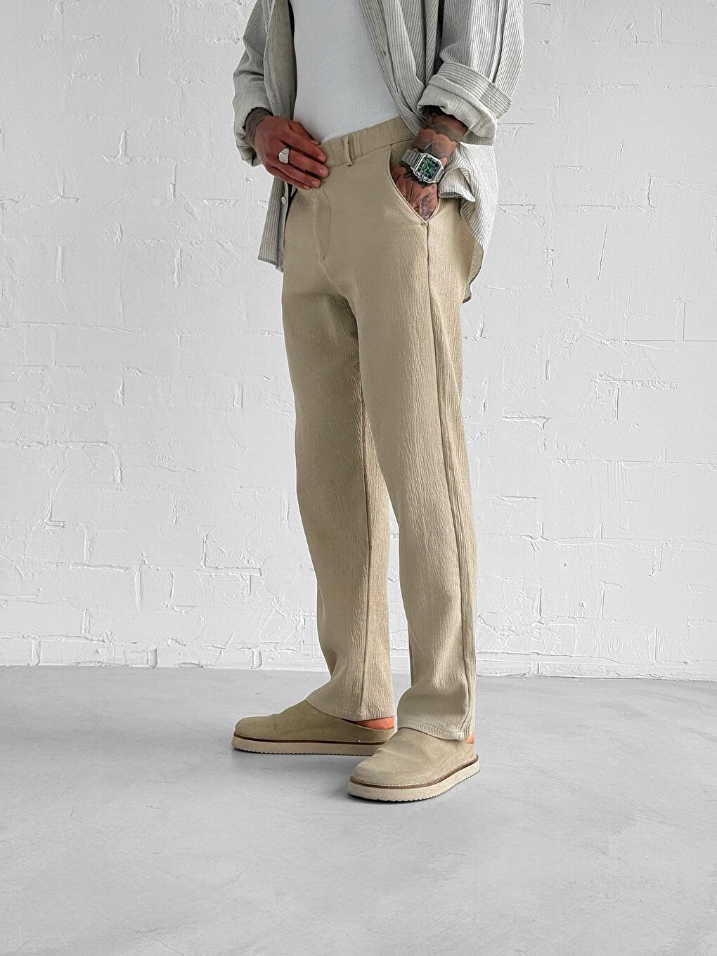 Gofre Kumaş Regular Fit Erkek Pantolon Bej-3