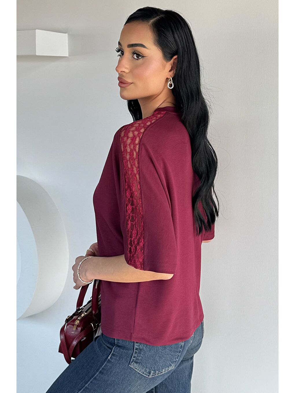 Bordo Omuz Dantelli Kadın Tişört-3
