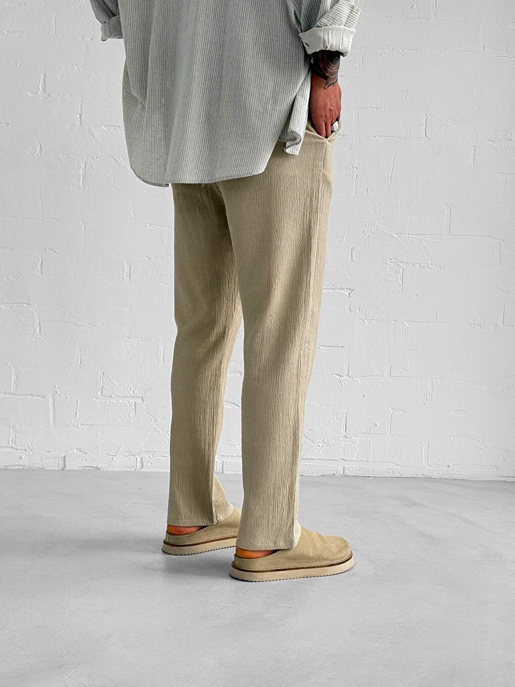 Gofre Kumaş Regular Fit Erkek Pantolon Bej-4