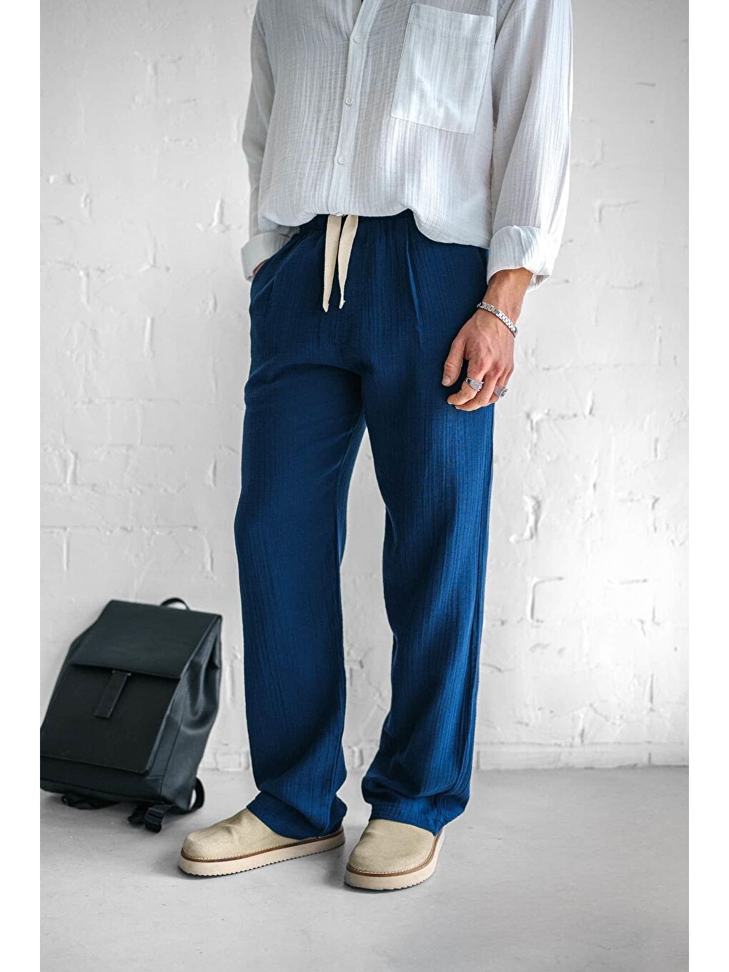 Rahat Kesim Baggy Fit Erkek %100 Pamuk Pantolon Lacivert-1